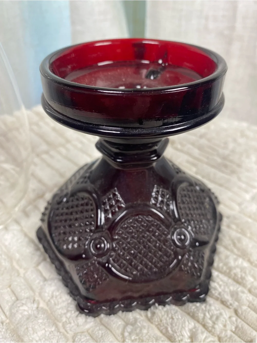 Vintage Avon 1876 Cape Cod Ruby Red Glass Hurricane Lamp & Clear Globe Chimney
